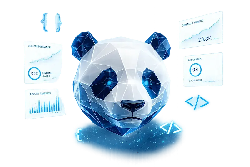 Ilustrație 3D reprezentând optimizare SEO, audit tehnic și dezvoltare web pentru DigitalPanda.